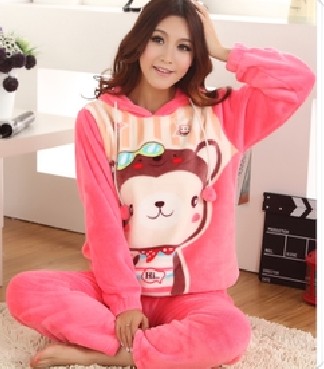Flannel cute cartoon female models Yau giggle monkey thick long-sleeved pajamas home service  